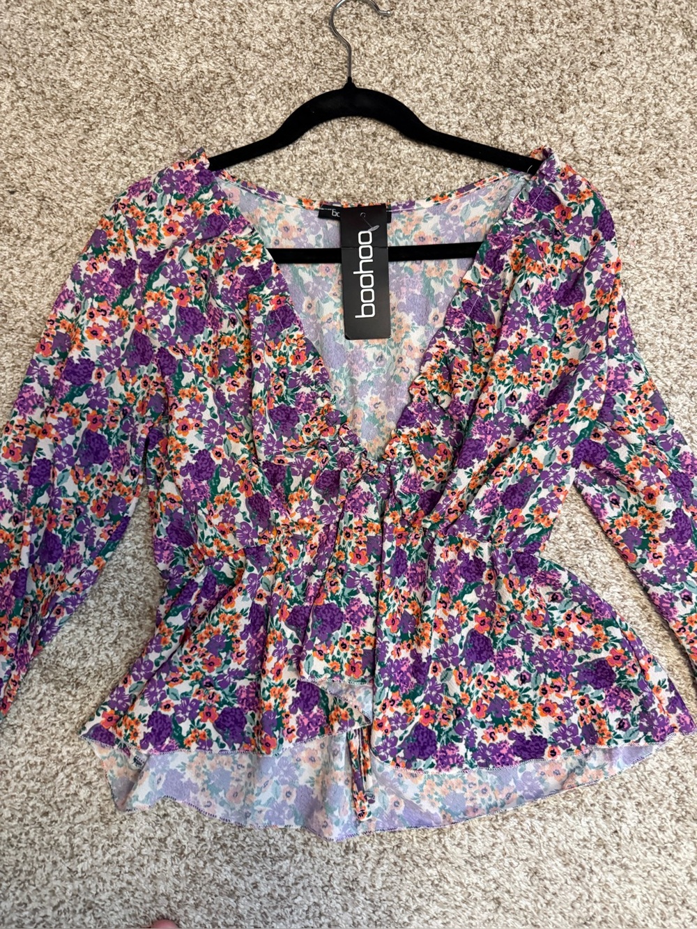 NWT BOOHOO Purple Floral Tie-Front Peplum Blouse